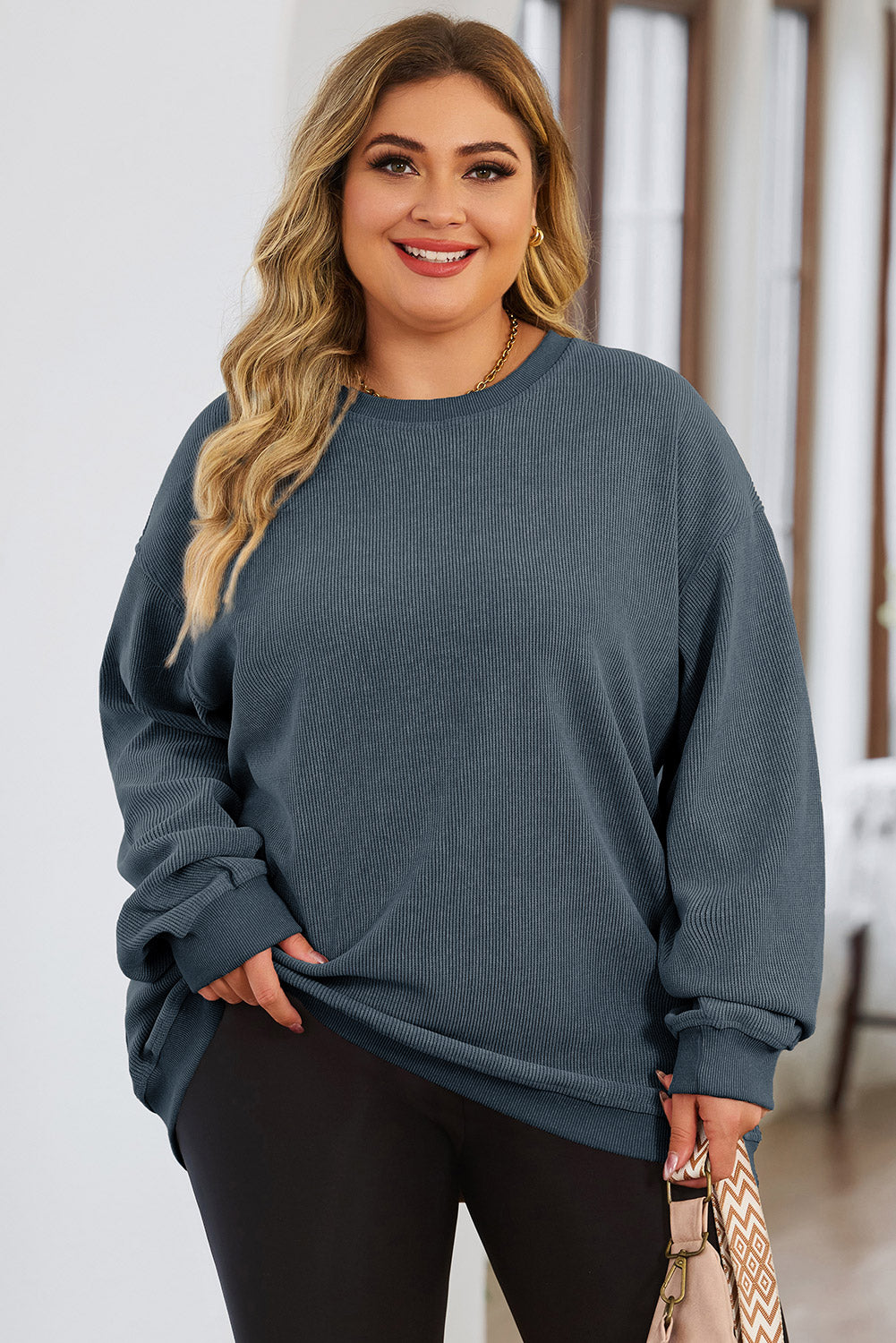 Blue Plus Size Corded Round Neck Sweatshirt Plus Size JT's Designer Fashion