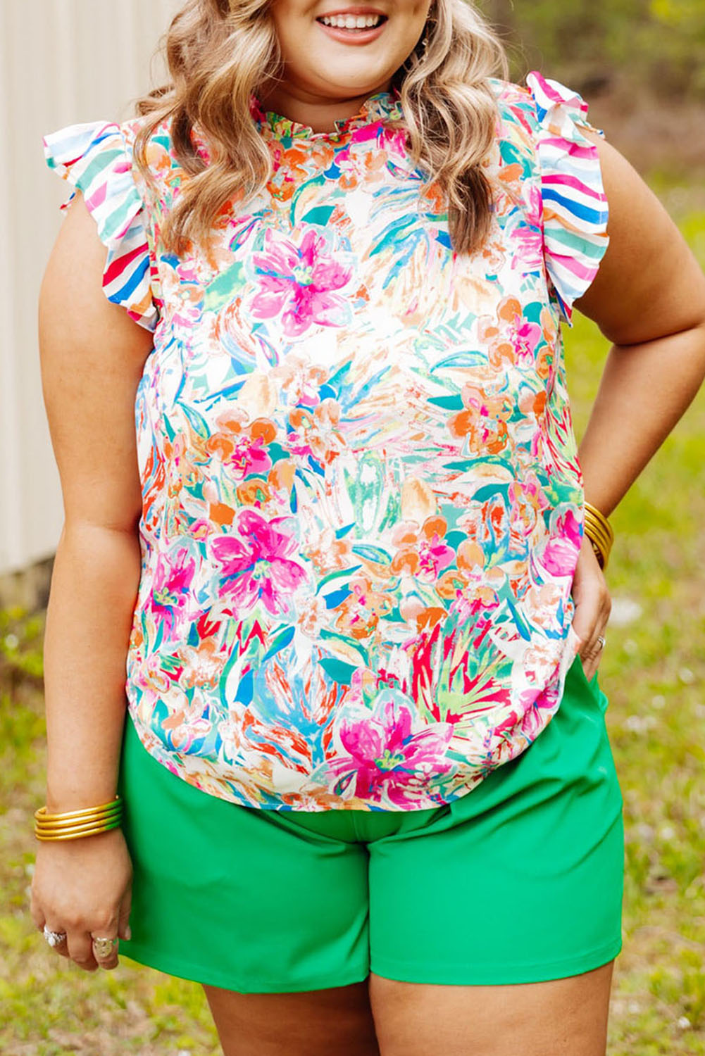 Multicolor Plus Sizie Striped Ruffle Sleeve Floral Blouse Plus Size JT's Designer Fashion