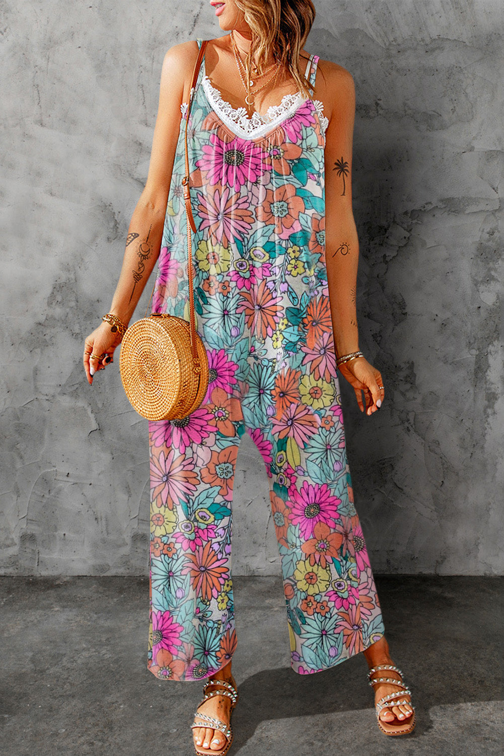 Multicolor Vibrant Summer Floral Print Spaghetti Strap Jumpsuit Multicolor 95%Polyester+5%Elastane Jumpsuits & Rompers JT's Designer Fashion