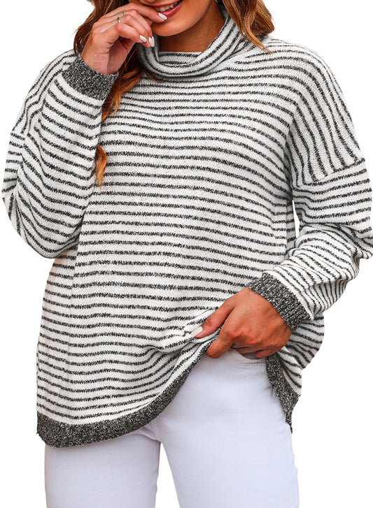 Gray Plus Size Striped Knit Turtleneck Sweater Plus Size JT's Designer Fashion