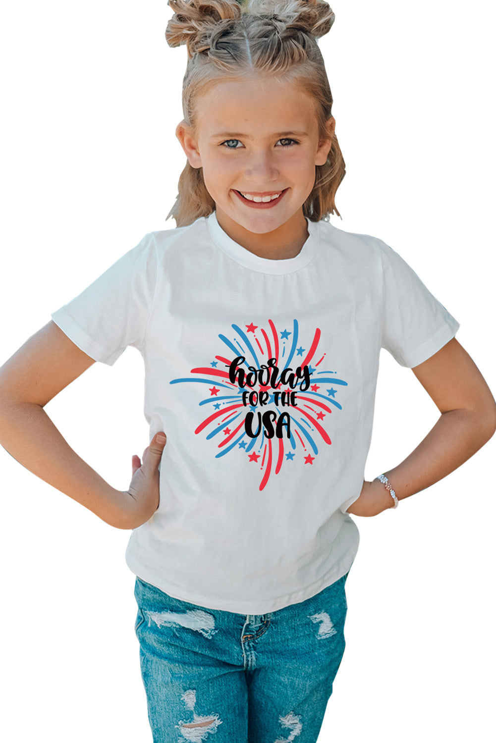 White Hoolay Of The USA Pattern Print Short Sleeve Girl's Top Family T-shirts JT's Designer Fashion