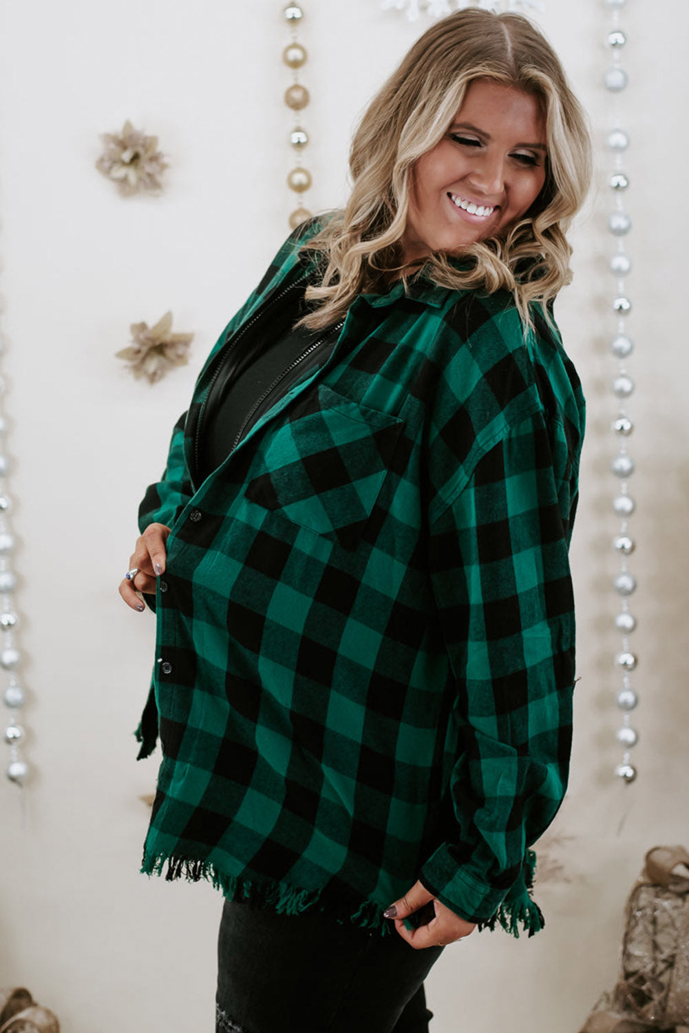 Blackish Green Plus Size Plaid Hooded Distressed Zip-Up Jacket Plus Size JT's Designer Fashion