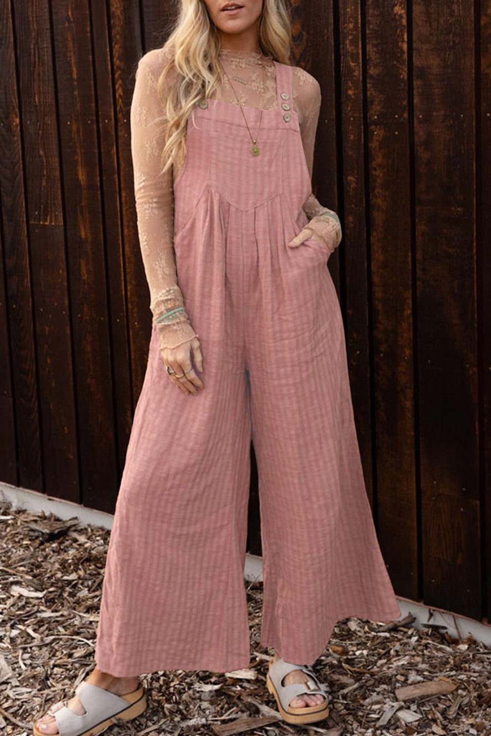 Rose Pink Striped Pleated Wide Leg Pocketed Jumpsuit Bottoms JT's Designer Fashion