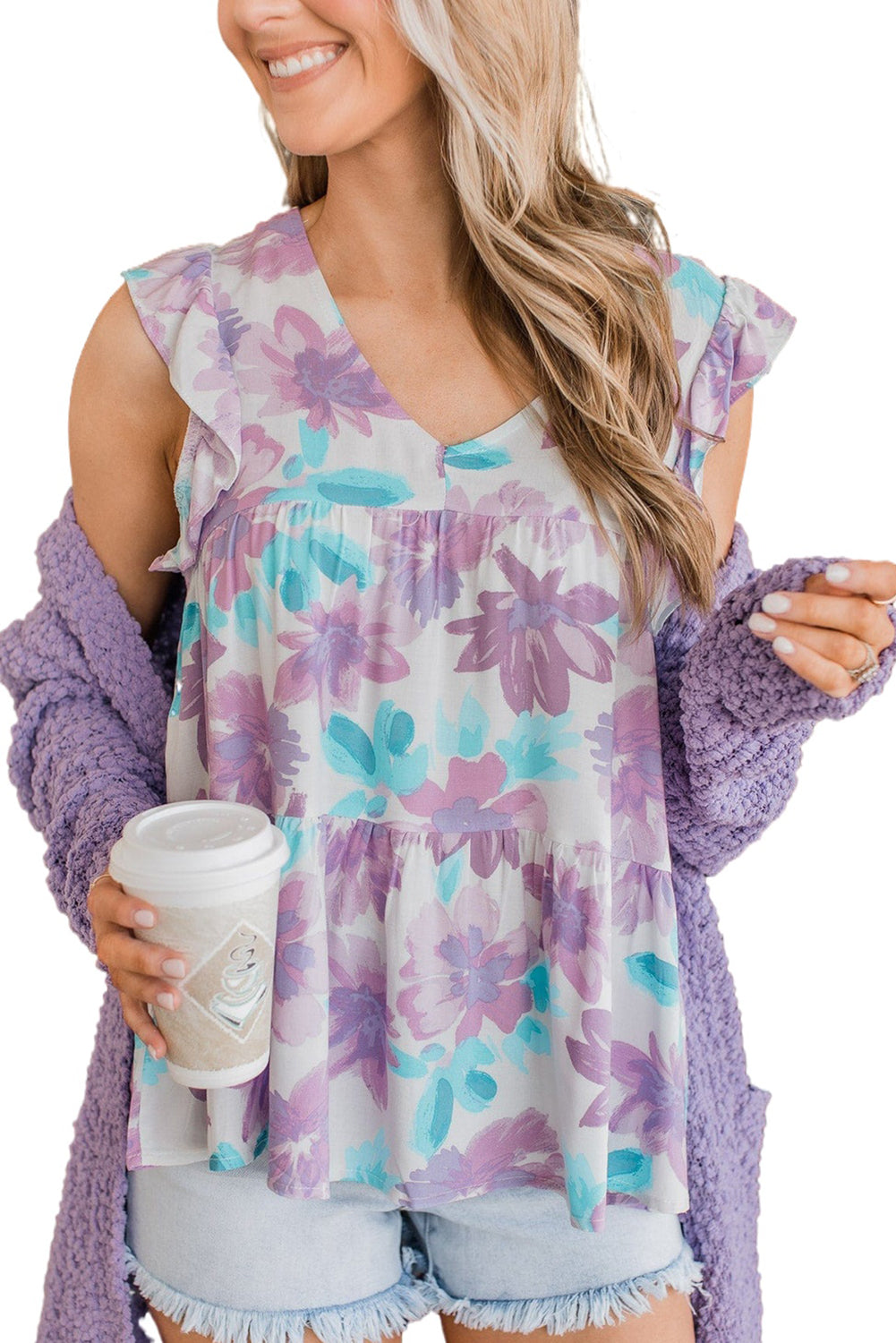 Purple Watercolor Floral Ruffled V Neck Tank Top Tank Tops JT's Designer Fashion