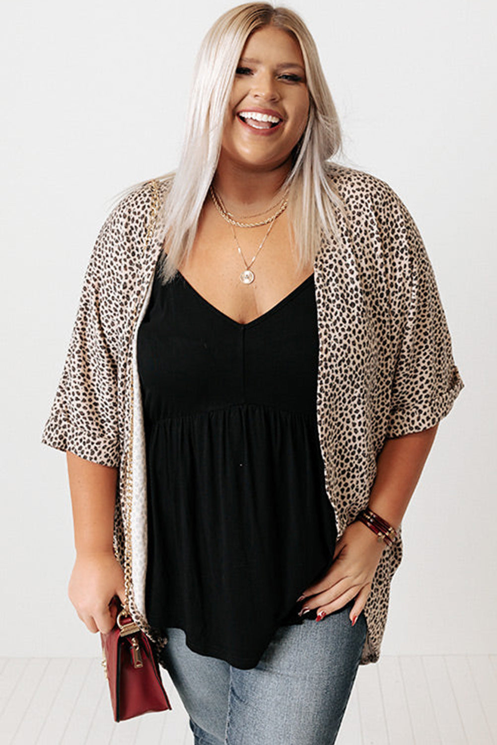 Khaki Plus Size Leopard Round Hem Short Sleeve Open Cardigan Plus Size JT's Designer Fashion