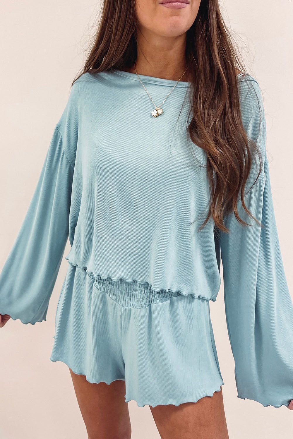 Sky Blue Long Sleeve Shirred High Waist Two Piece Lounge Set Loungewear JT's Designer Fashion