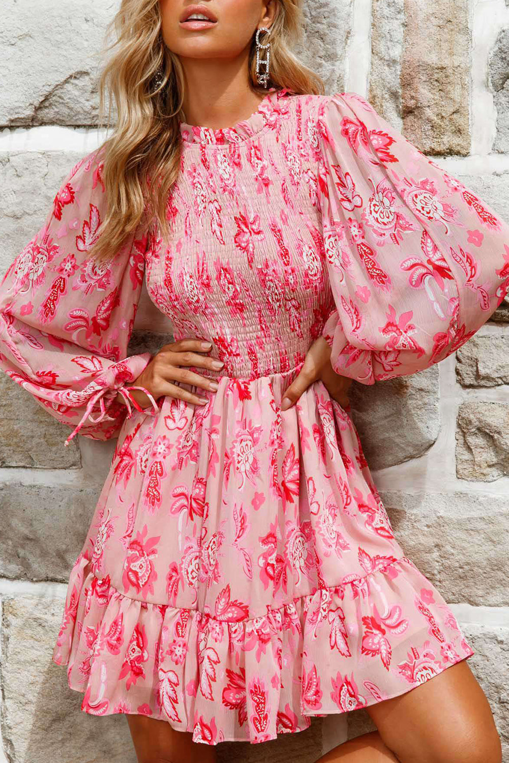 Pink Floral Long Balloon Sleeve Frill Stand Neck Smock Ruffle Dress Dresses JT's Designer Fashion