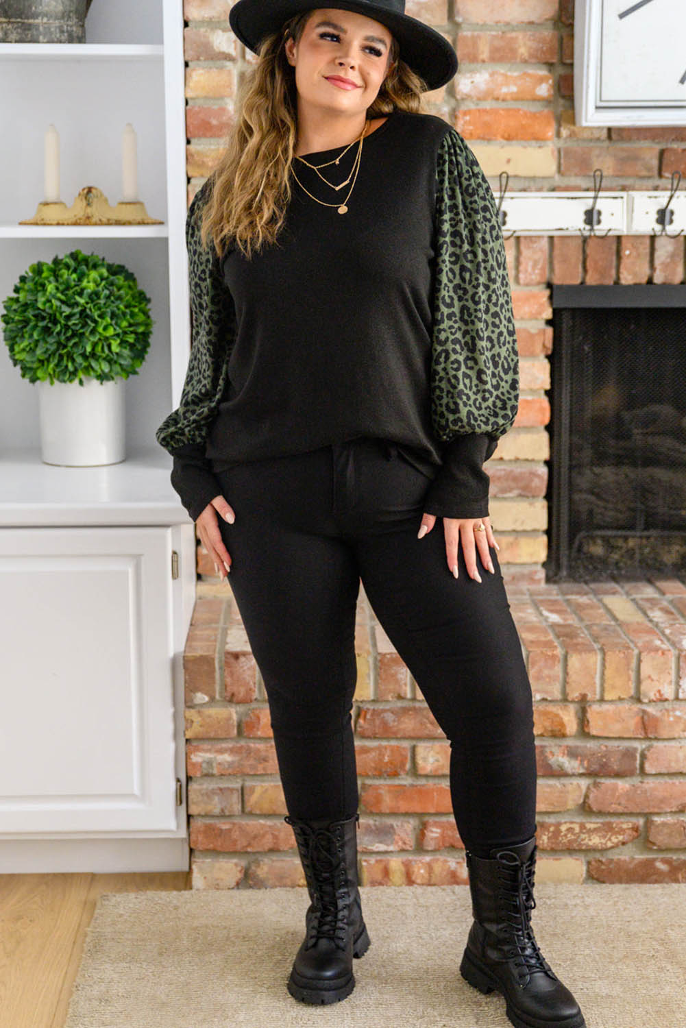 Black Leopard Contrast Long Sleeve Plus Size Top Plus Size JT's Designer Fashion