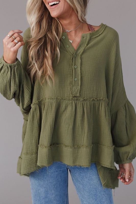 Green Henley Button Drop Shoulder Loose Sleeve Raw Edge Top Tops & Tees JT's Designer Fashion