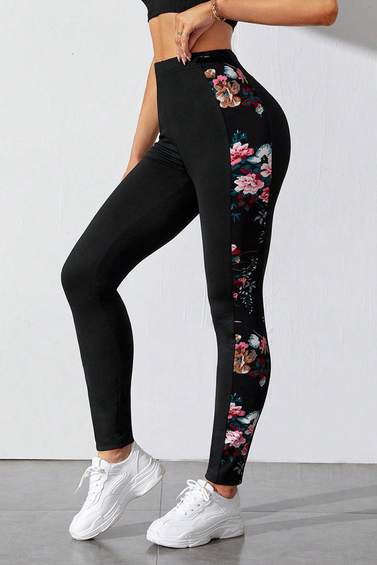 Black Floral Print Patch High Waist Leggings Bottoms JT's Designer Fashion