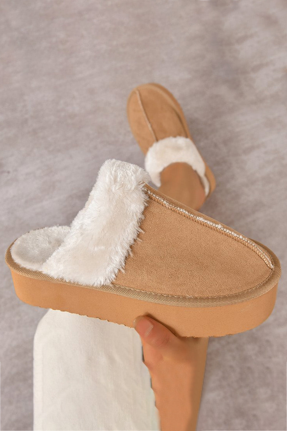 Light French Beige Suede Fluffy Slippers with Elastic Straps Slippers JT's Designer Fashion