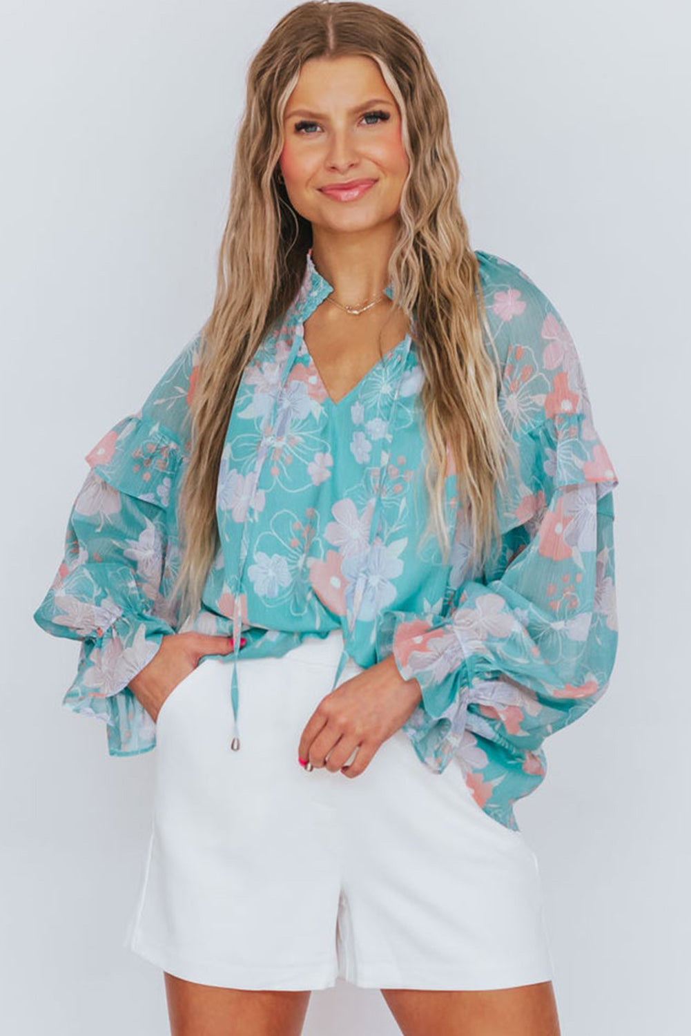 Sky Blue Floral Split Neck Ruffled Puff Sleeve Blouse Blouses & Shirts JT's Designer Fashion