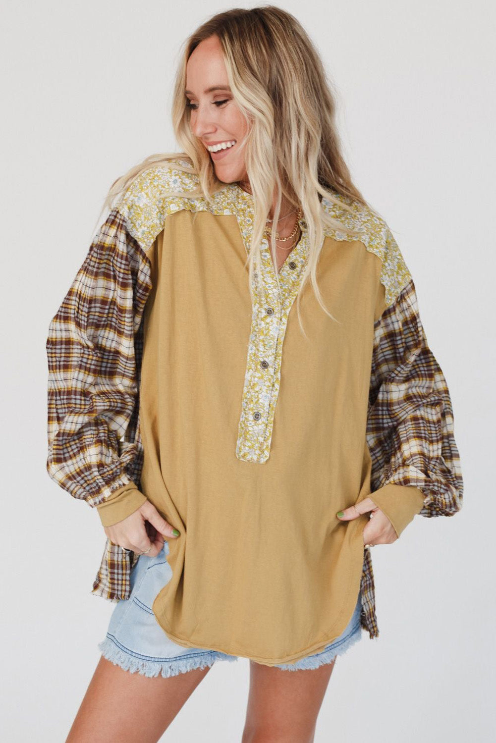 Yellow Floral Plaid Mixed Print Bishop Sleeve Patchwork Top with Slits Tops & Tees JT's Designer Fashion