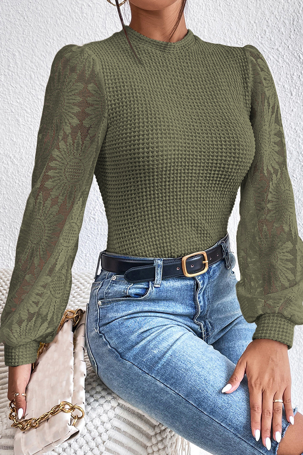 Pickle Green Sunflower Mesh Long Sleeve Waffle Knit Top Tops & Tees JT's Designer Fashion