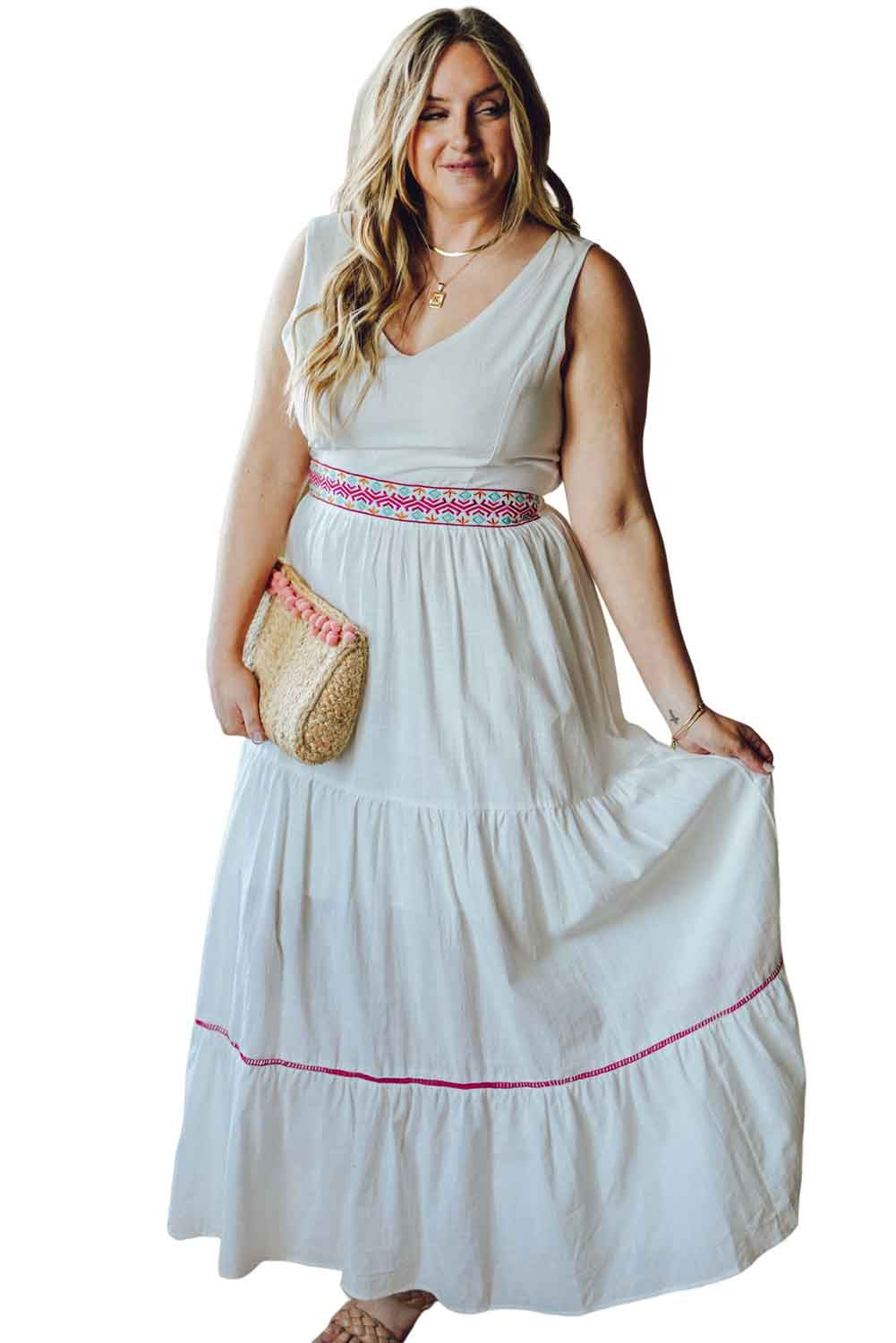 White Embroidered Knotted Open Back Plus Size Maxi Dress Plus Size JT's Designer Fashion