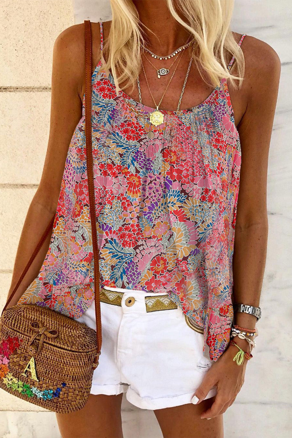 Multicolor Spaghetti Straps Floral Print Sleeveless Top Multicolor 100%Polyester Tank Tops JT's Designer Fashion