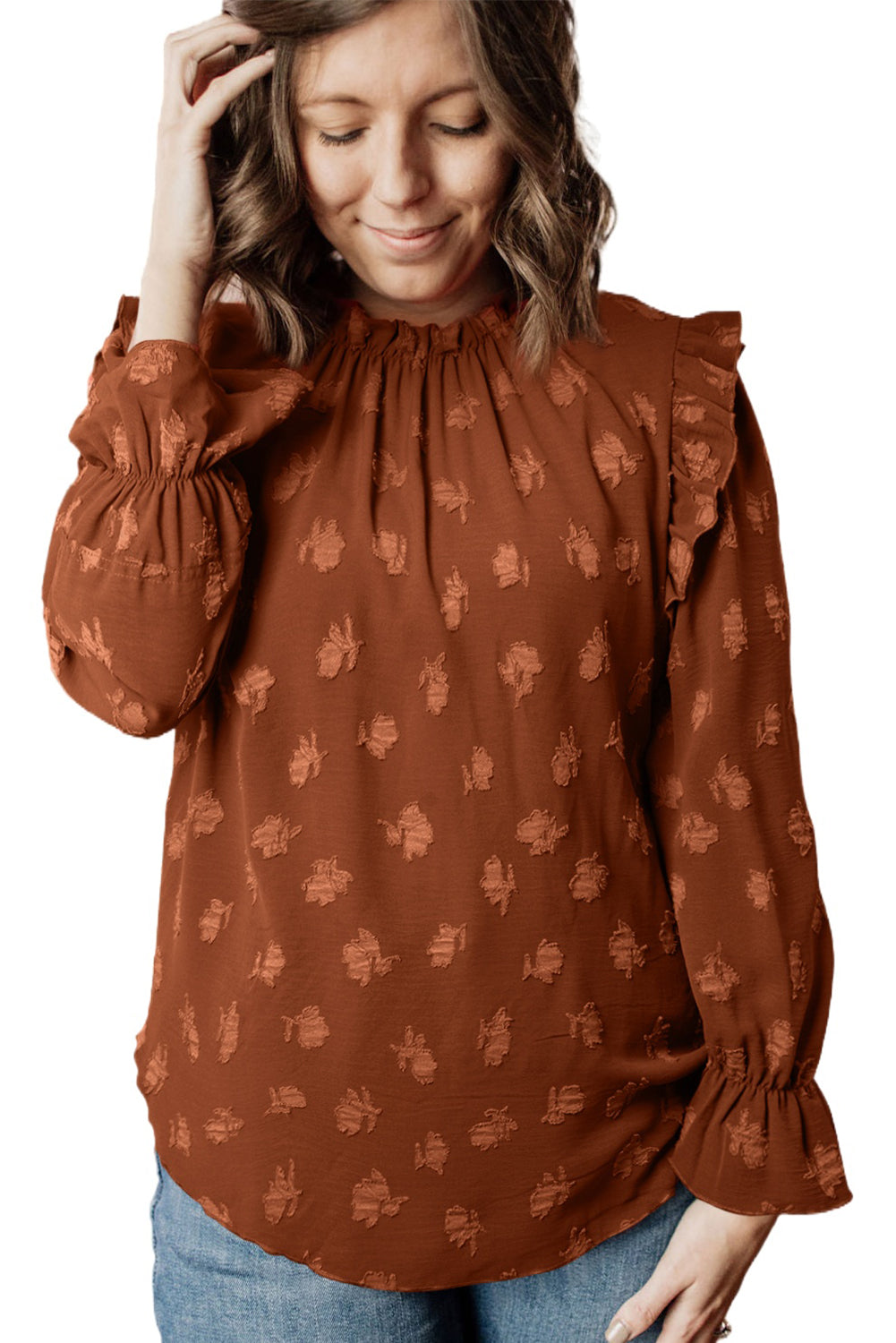 Chestnut Plus Size Floral Frill Trim Flounce Sleeve Blouse Plus Size JT's Designer Fashion