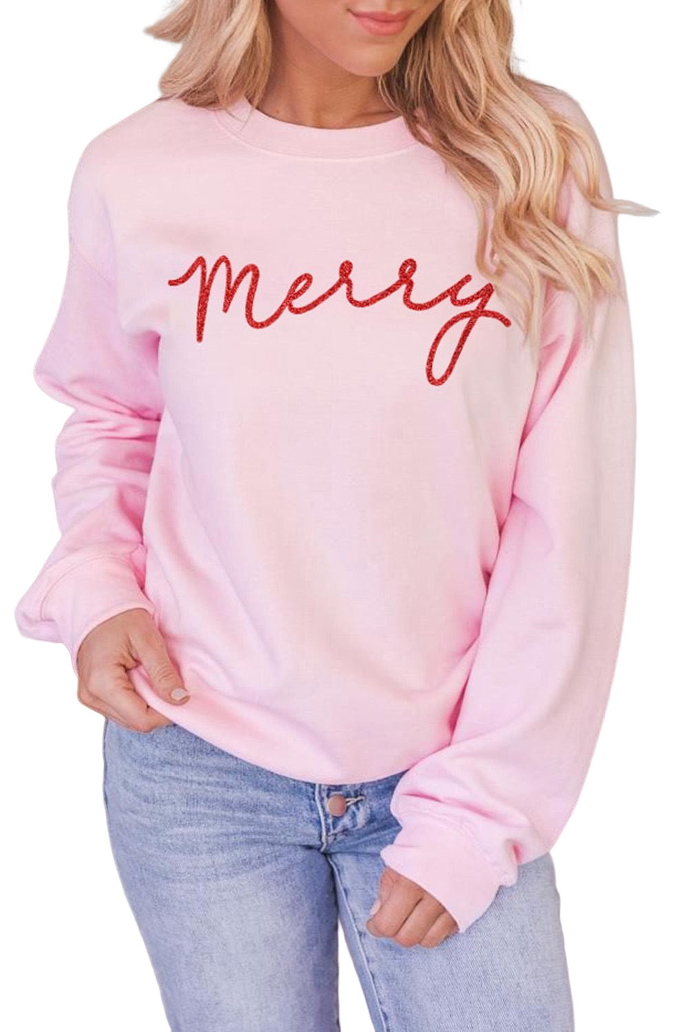 Pink Merry Letter Print Long Sleeve Pullover Sweatshirt Graphic Sweatshirts JT's Designer Fashion