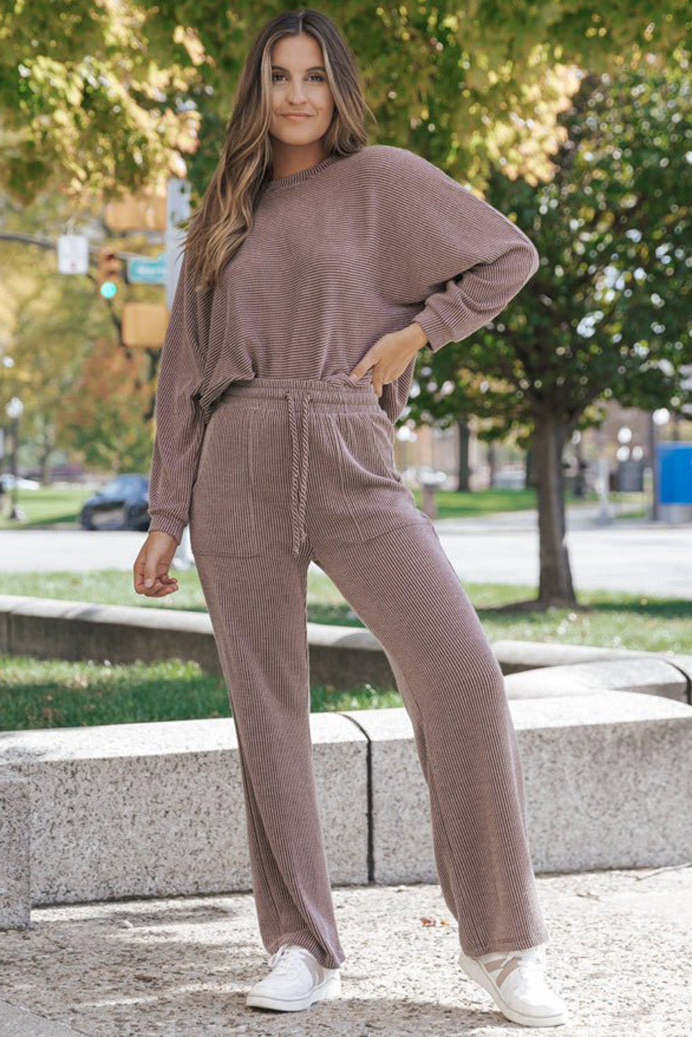 Dark Brown Solid Color Long Sleeve Top and Drawstring Pants Set Bottoms JT's Designer Fashion