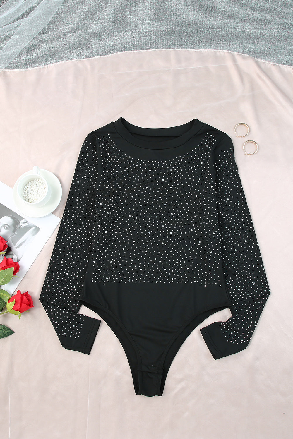 Black Rhinestone O-neck Long Sleeve Bodysuit Bodysuits JT's Designer Fashion