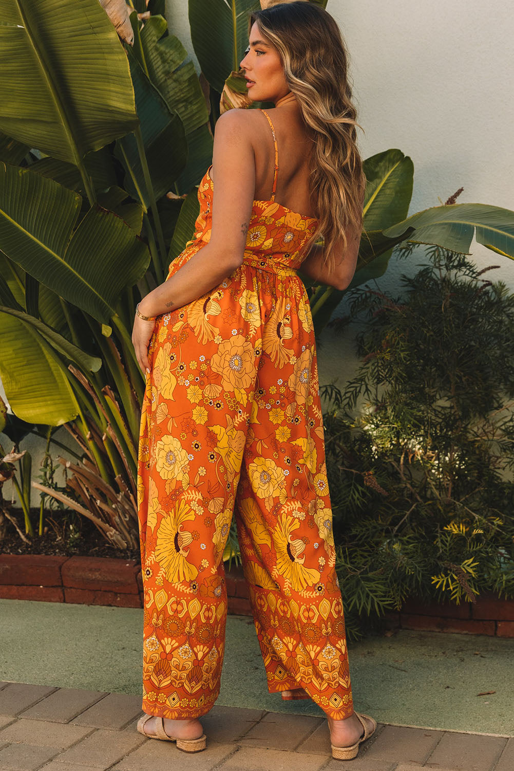 Orange Floral Wide Leg Sleeveless Jumpsuit Jumpsuits & Rompers JT's Designer Fashion