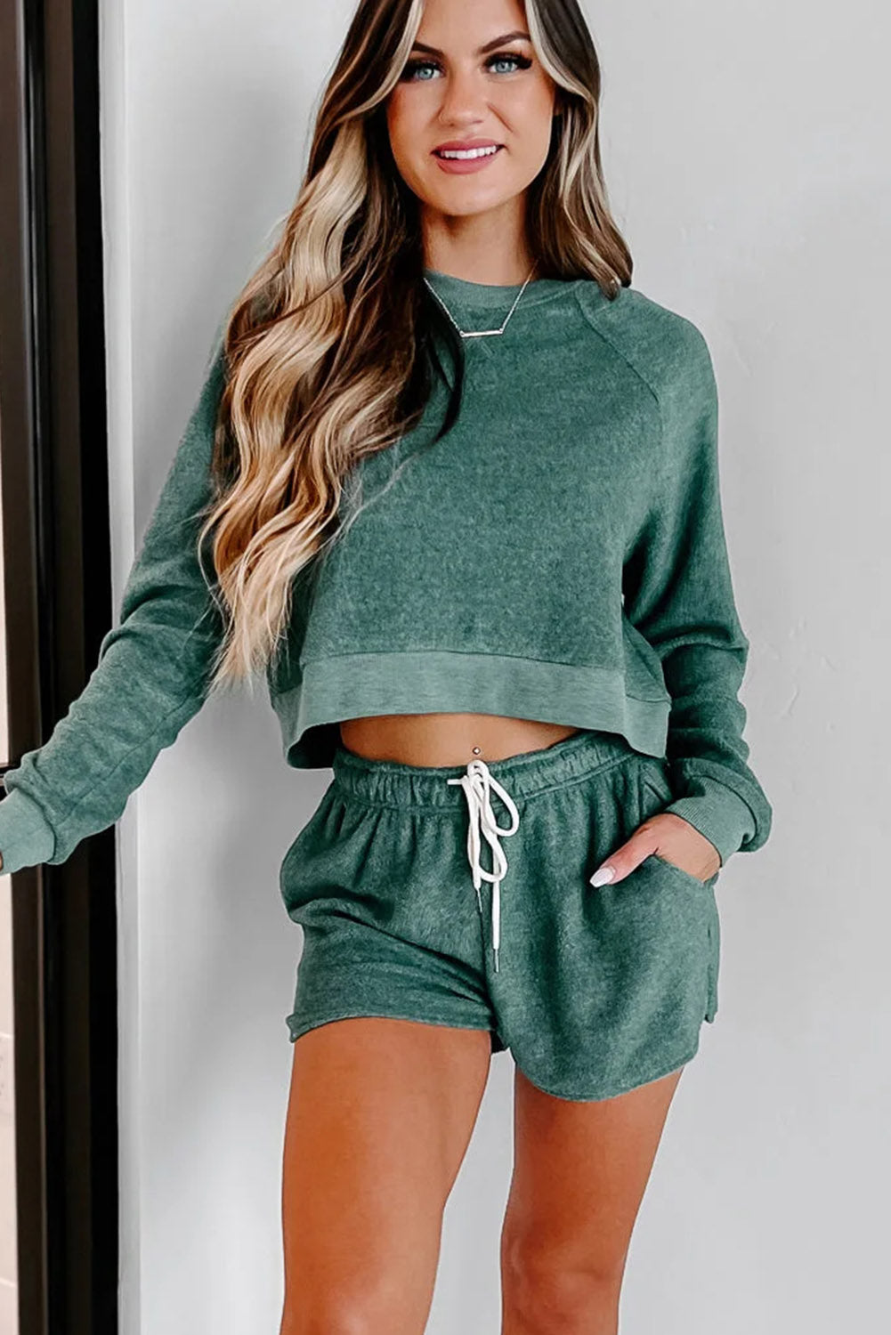 Green Fleece Two-piece Cropped Pullover and Shorts Set Loungewear JT's Designer Fashion