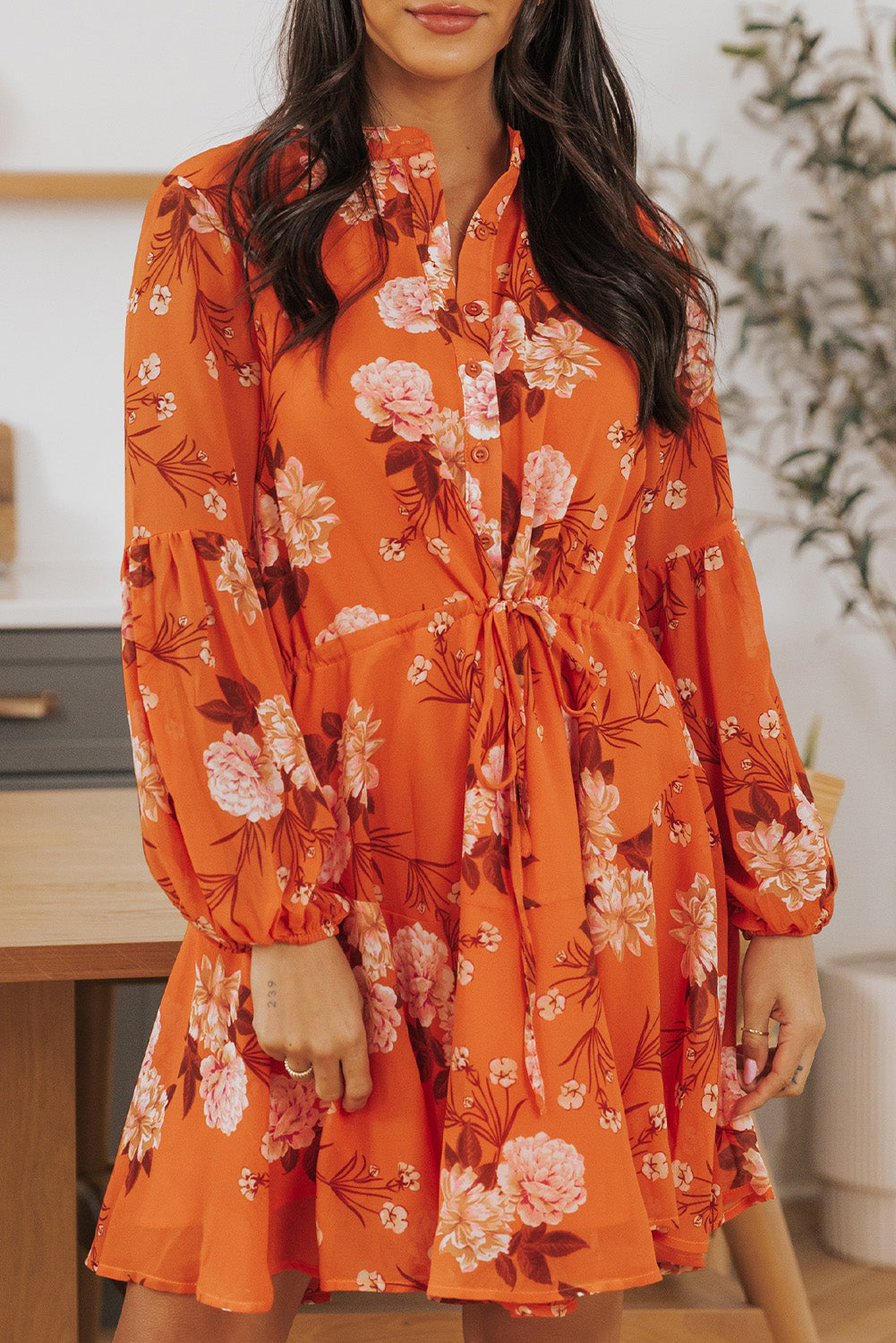 Orange Vintage Floral Print Drawstring Flowy Dress Floral Dresses JT's Designer Fashion