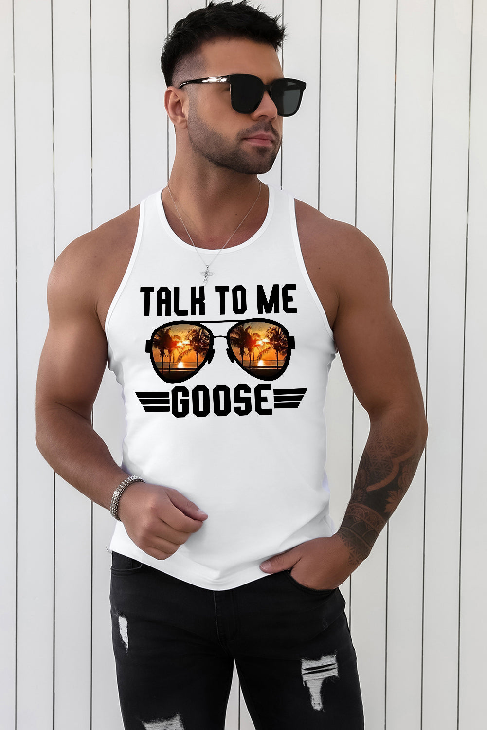 White Talk to Me Goose Beach Scenery Sunglasses Graphic Tank Top Men's Tops JT's Designer Fashion