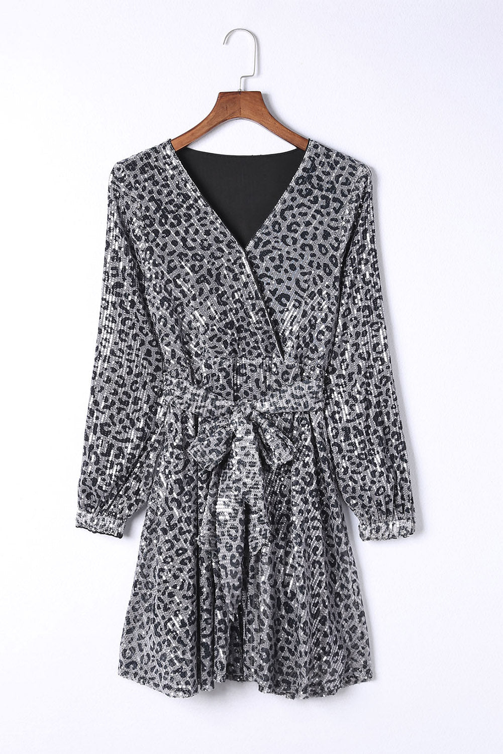 Gray Leopard Sequins V Neck Wrap Dress with Tie Sequin Dresses JT's Designer Fashion