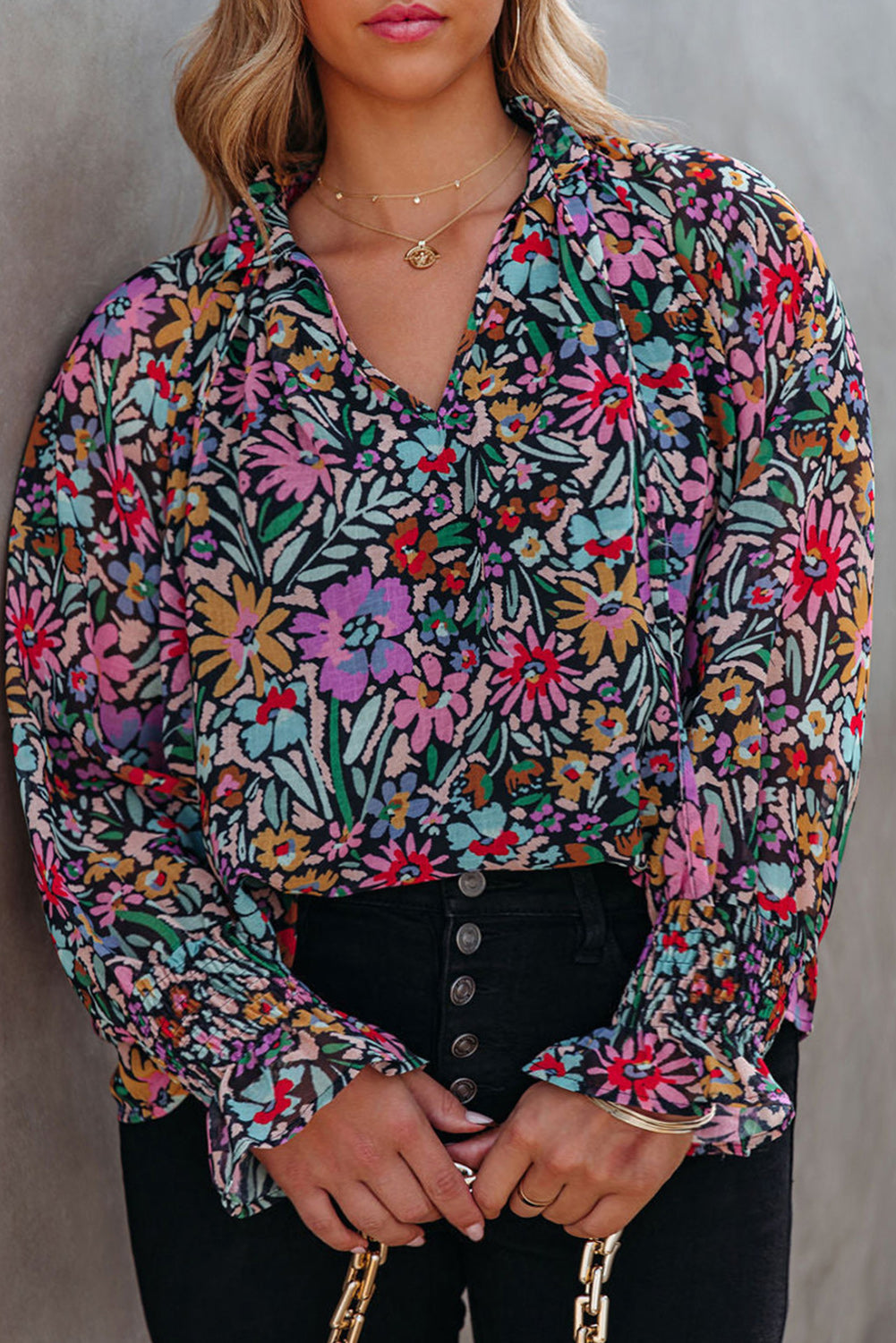 Multicolour Plus Size Floral Smocked Cuffs V-Neck Blouse Plus Size JT's Designer Fashion