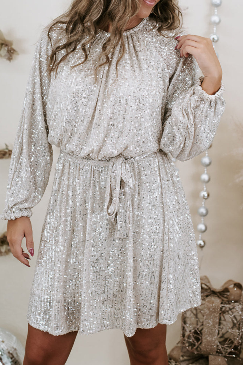 White Plus Size Sequin Puff Sleeve Round Neck Knot Dress Plus Size JT's Designer Fashion