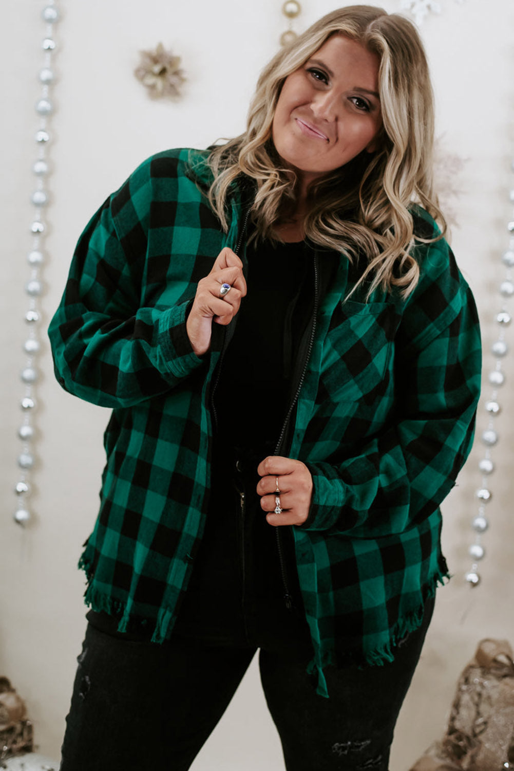 Blackish Green Plus Size Plaid Hooded Distressed Zip-Up Jacket Plus Size JT's Designer Fashion