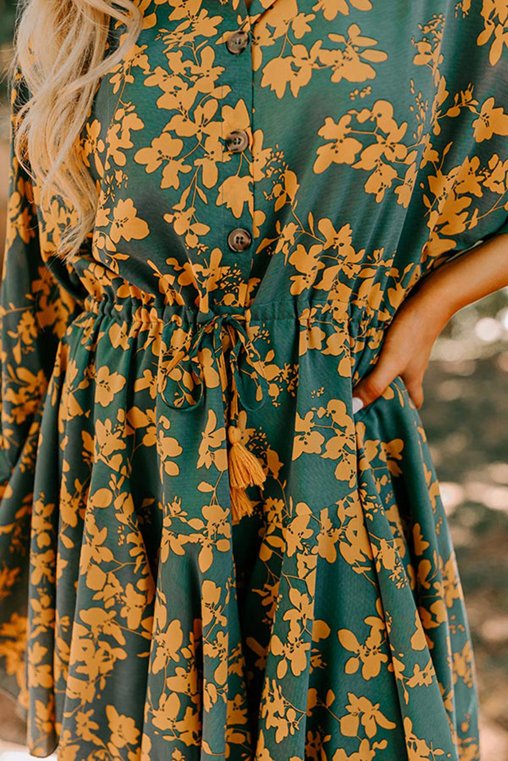 Yellow Printed Floral Bracelet Sleeve Tied Waist Ruffled Dress Dresses JT's Designer Fashion