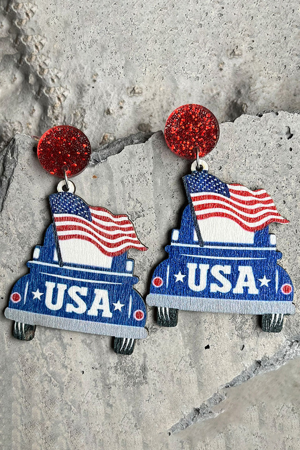 Multicolor USA Flag Car Shape Wood Dangle Earrings Jewelry JT's Designer Fashion