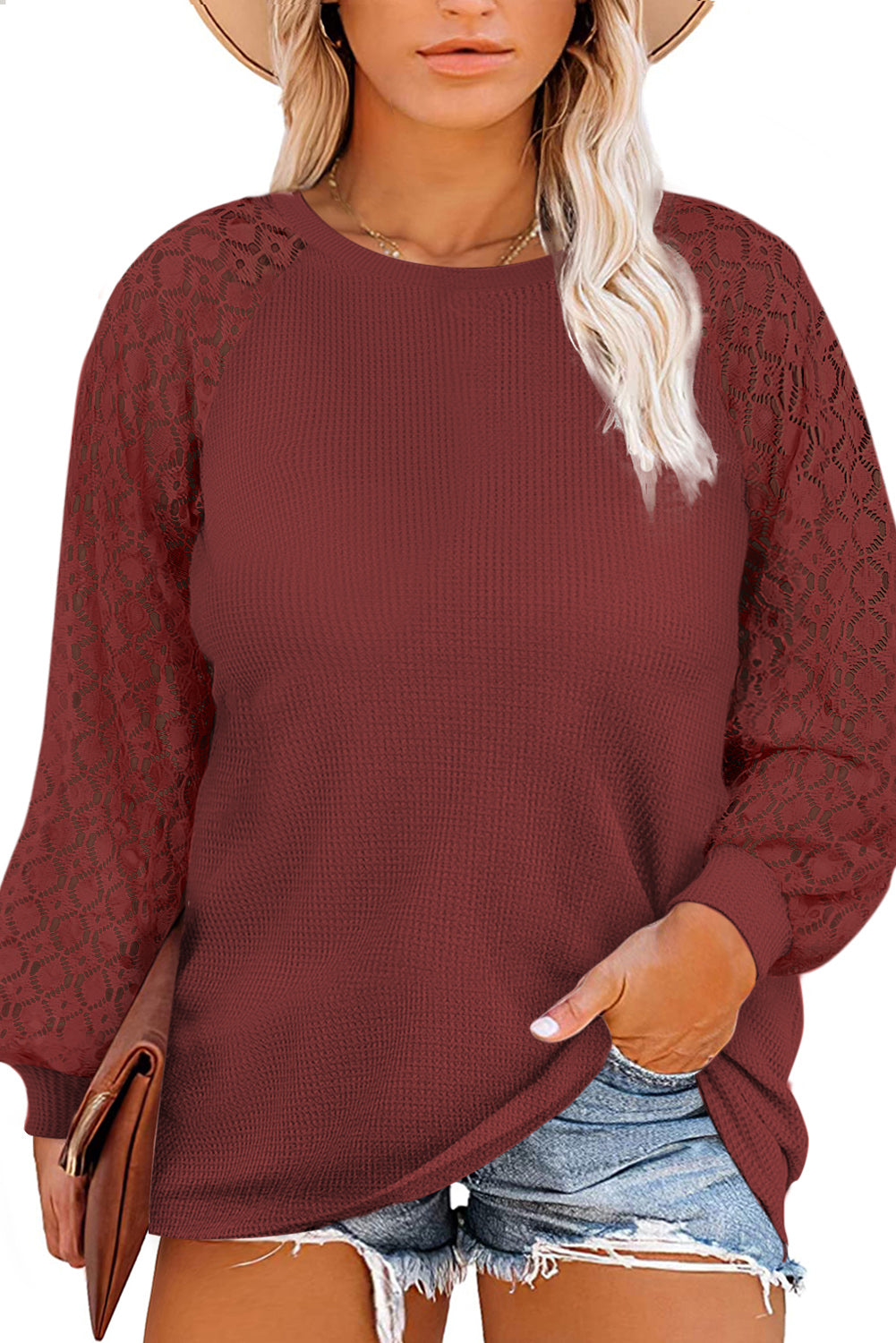 Red Plus Size Contrast Lace Sleeve Waffle Knit Top Plus Size JT's Designer Fashion