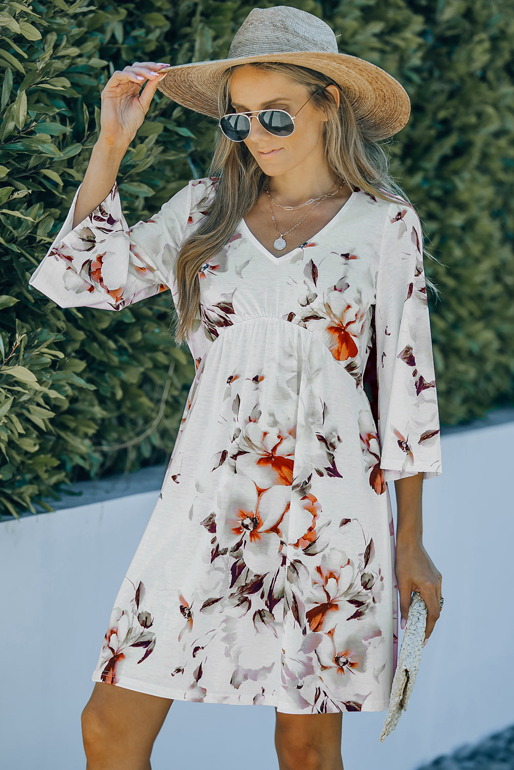 White V Neck 3/4 Sleeve Floral Dress Floral Dresses JT's Designer Fashion