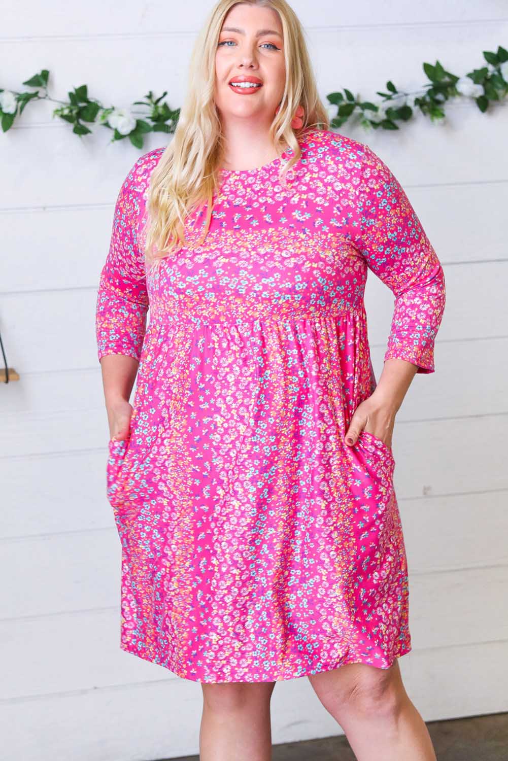 Pink Plus Size Sweet Floral Pocketed 3/4 Sleeve Dress Plus Size JT's Designer Fashion