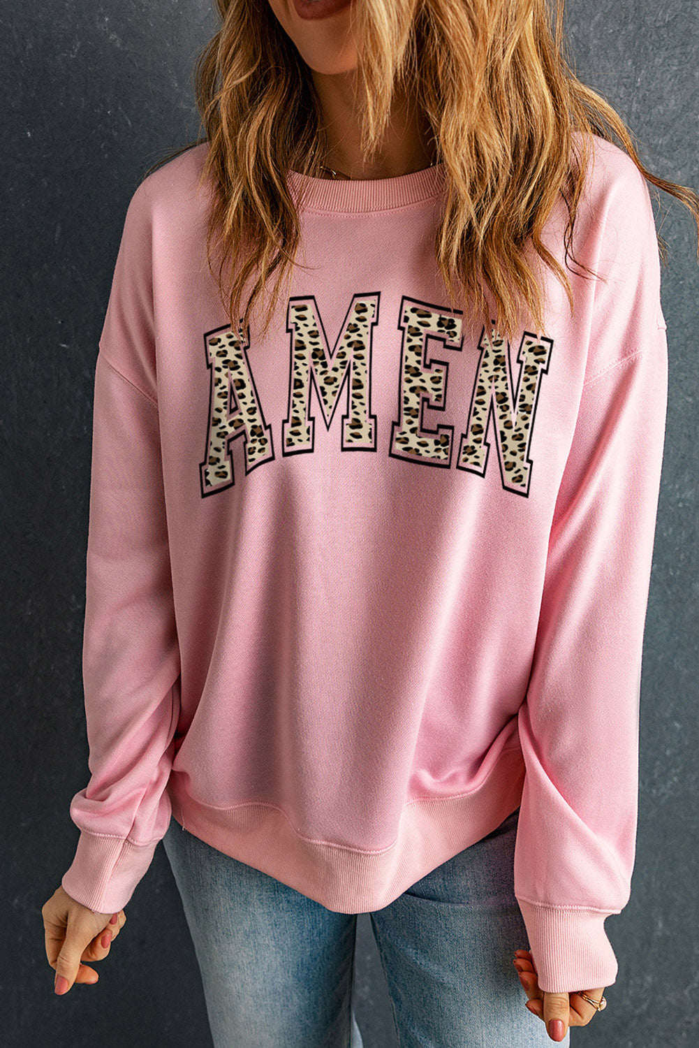 Pink Leopard AMEN Graphic Pullover Sweatshirt Graphic Sweatshirts JT's Designer Fashion