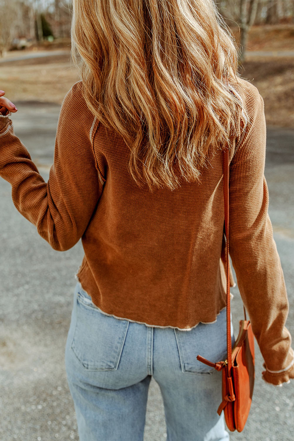 Brown Textured Crewneck Long Sleeve Top Tops & Tees JT's Designer Fashion