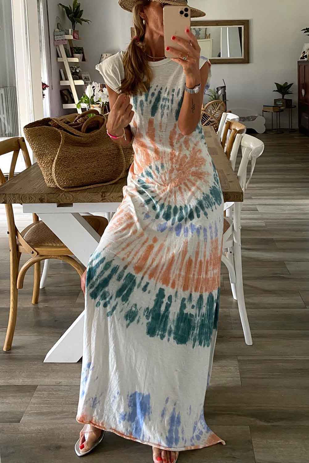 White Cap Sleeve Tie Dye Long Slit Dress Dresses JT's Designer Fashion