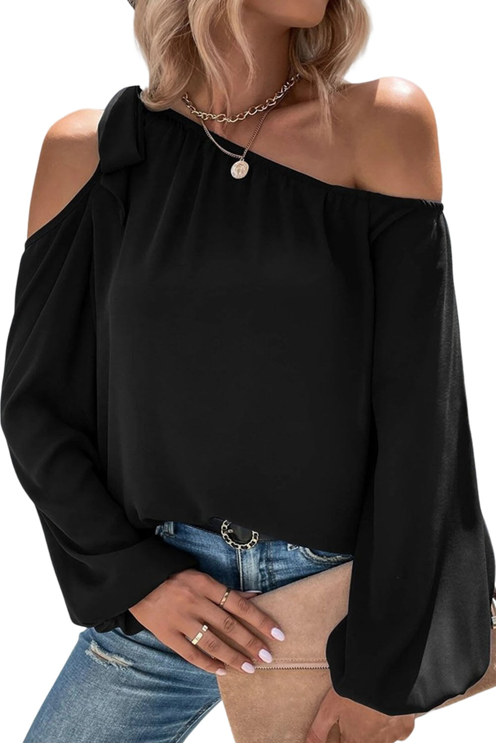 Black Knotted Asymmetric Off Shoulder Blouse Tops & Tees JT's Designer Fashion