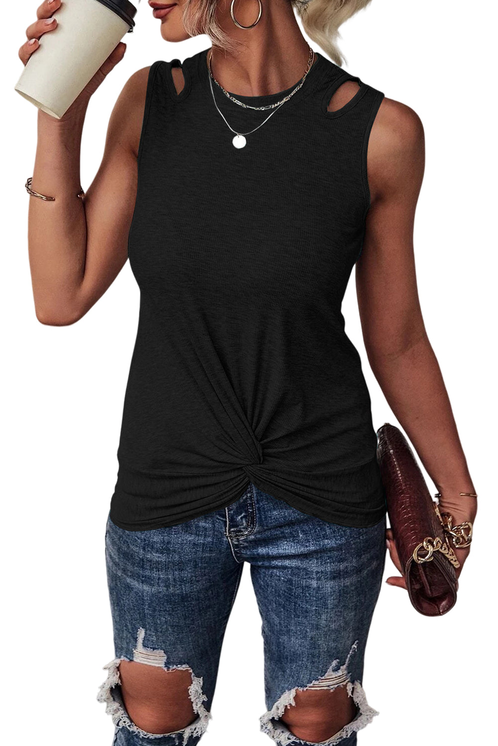 Black Rib Knit Cut-out Front Twist Tank Top Tank Tops JT's Designer Fashion