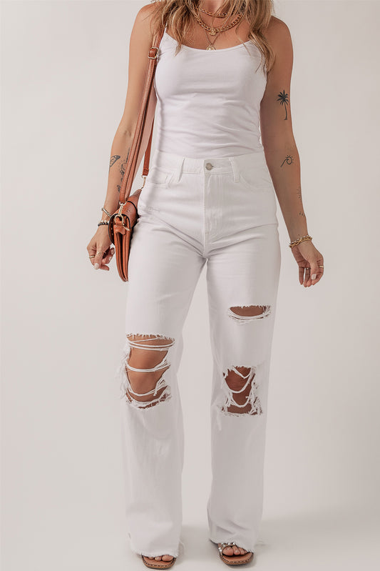 White Heavy Distressed Straight Leg Jeans Bottoms JT's Designer Fashion