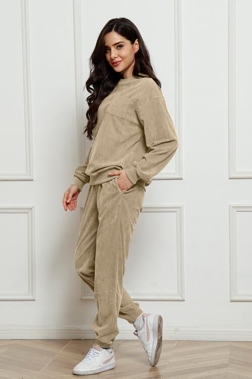 Round Neck Sweatshirt and Sweatpants Set Jumpsuits & Rompers JT's Designer Fashion