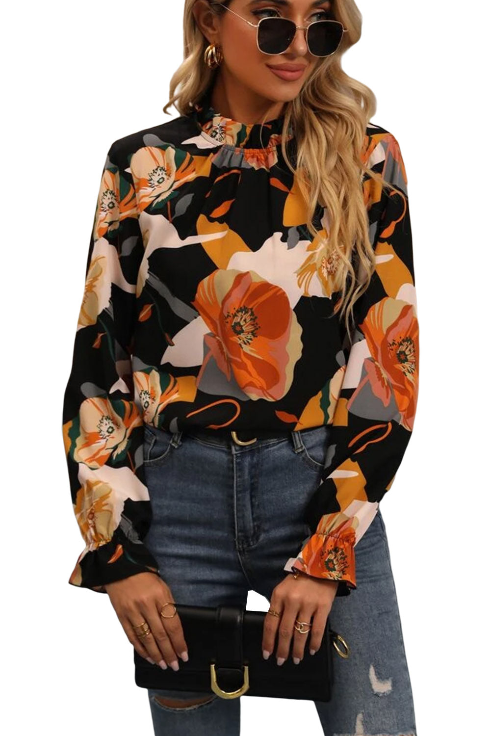 Black Floral Long Sleeve Mock Neck Blouse Tops & Tees JT's Designer Fashion