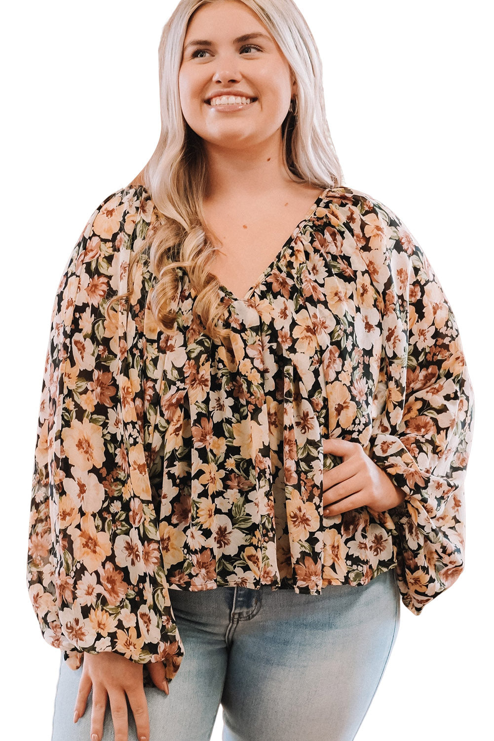 Multicolor Floral V-Neck Long Sleeve Plus Size Blouse Plus Size JT's Designer Fashion