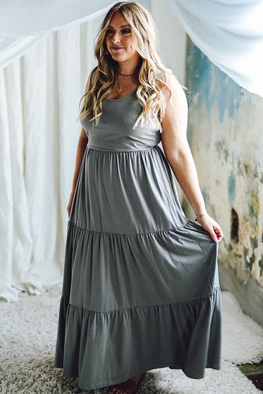 Gray Tiered Pleated Lace-up Waist Sleeveless Plus Size Maxi Dress Plus Size JT's Designer Fashion