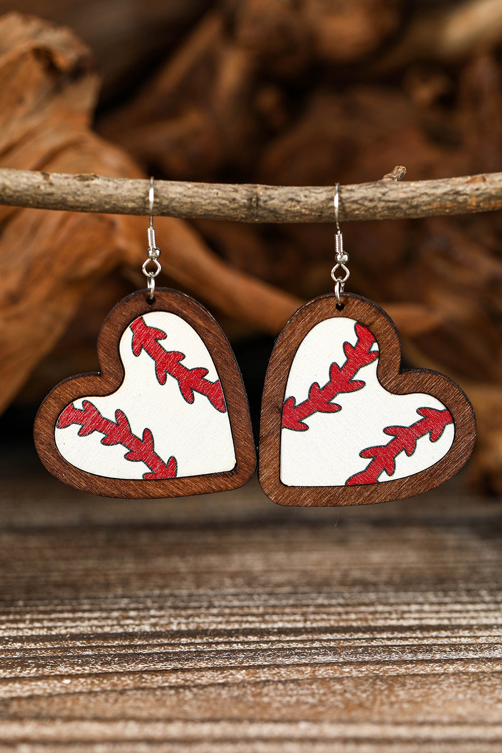 White Contrast Edge Heart Shape Baseball Print Earrings Jewelry JT's Designer Fashion