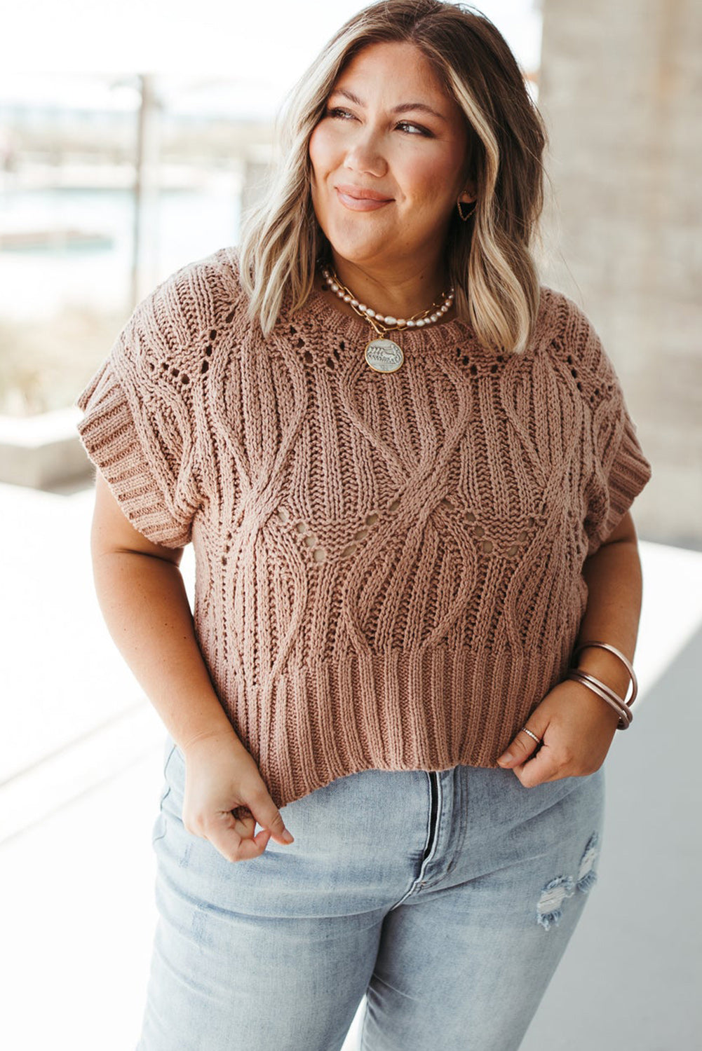 Smoke Gray Eyelet Crochet Short Sleeve Plus Size Knitted Top Plus Size JT's Designer Fashion