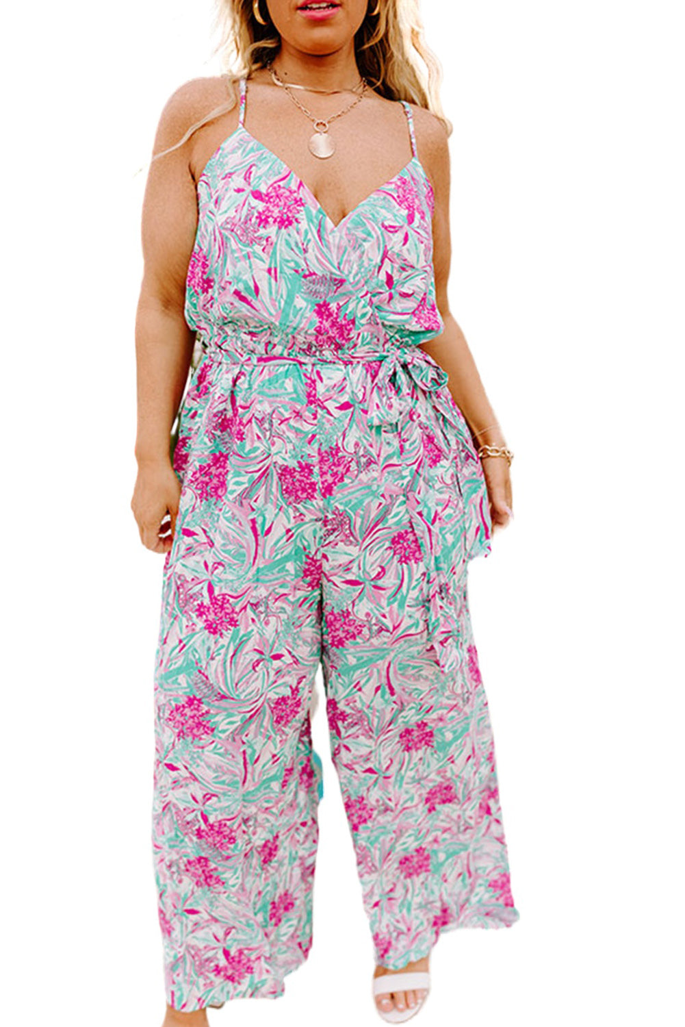 Rose Tropical Floral Spaghetti Straps Belted Plus Size Jumpsuit Plus Size JT's Designer Fashion